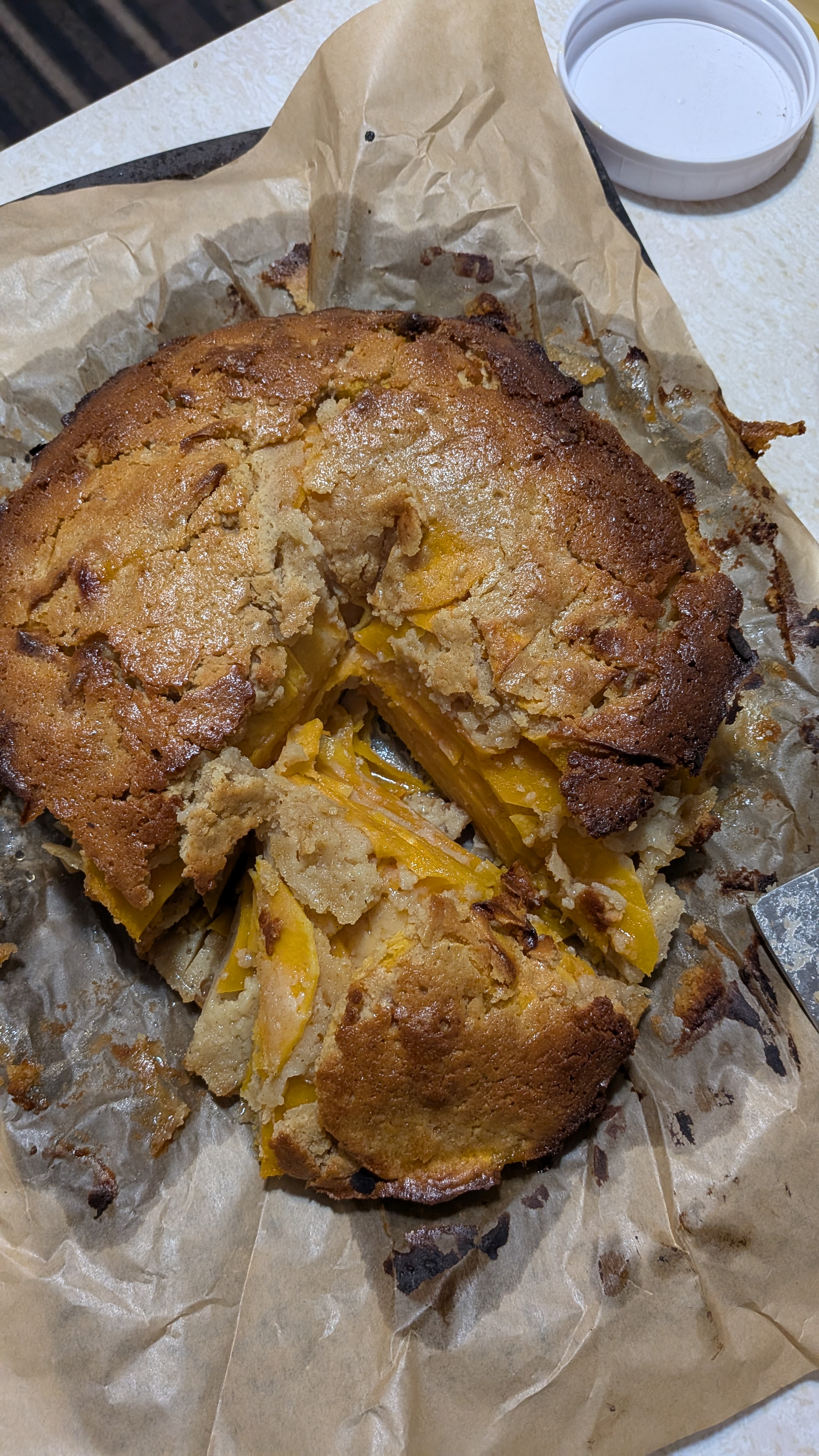 custard cake cut with one piece