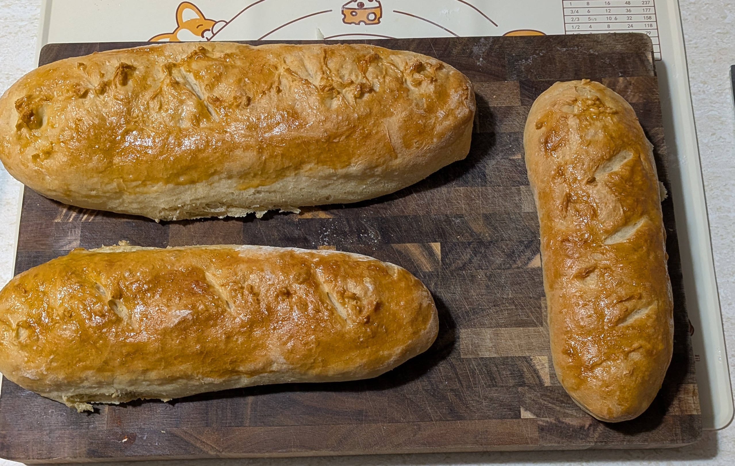 A trio of french bread of different sizes